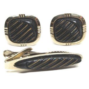Cufflinks Tie Clip Set Retro Black Gold Celluloid Golden Stripes Mens Jewelry